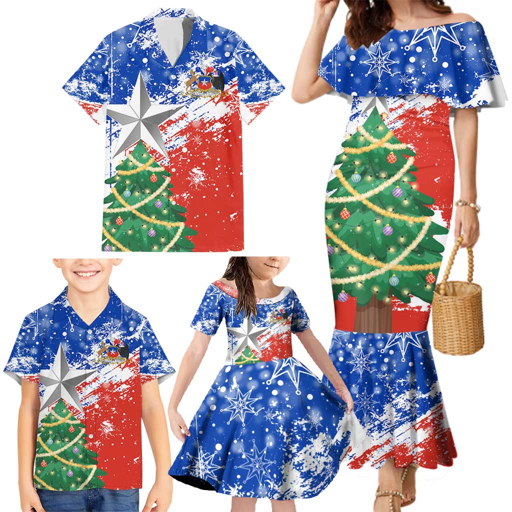 Chile Christmas Family Matching Mermaid Dress and Hawaiian Shirt with Flag Colors Tree Reindeer Condor and Gift Design - Wonder Print Shop