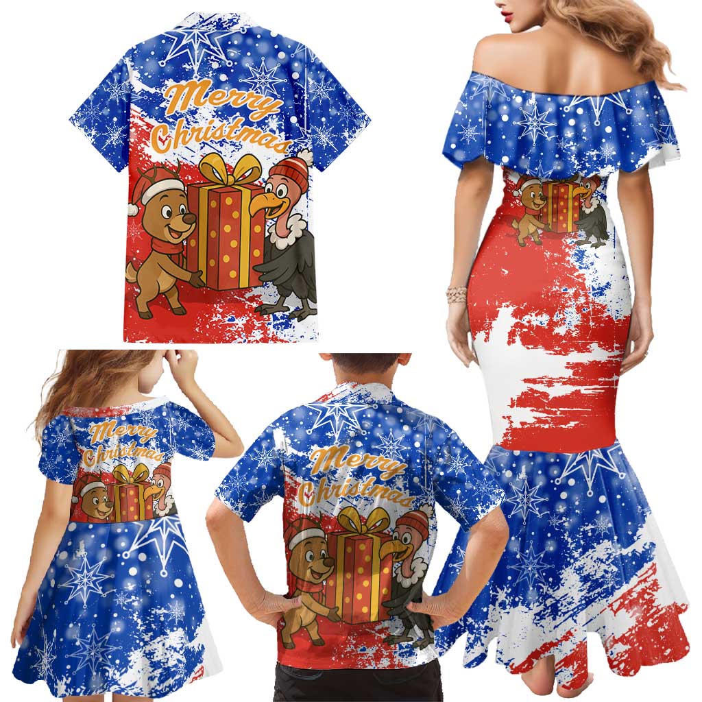 Chile Christmas Family Matching Mermaid Dress and Hawaiian Shirt with Flag Colors Tree Reindeer Condor and Gift Design - Wonder Print Shop