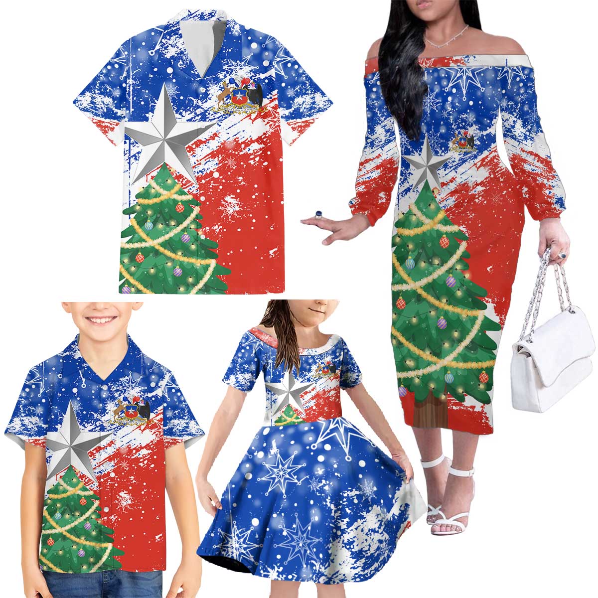 Chile Christmas Family Matching Off The Shoulder Long Sleeve Dress and Hawaiian Shirt with Flag Colors Tree Reindeer Condor and Gift Design - Wonder Print Shop