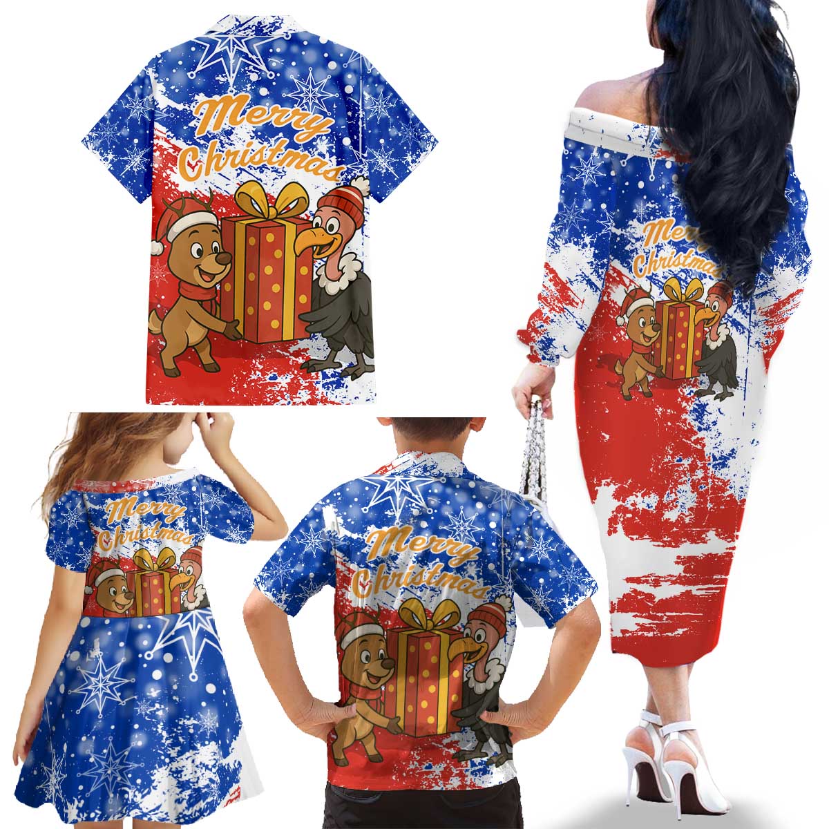 Chile Christmas Family Matching Off The Shoulder Long Sleeve Dress and Hawaiian Shirt with Flag Colors Tree Reindeer Condor and Gift Design - Wonder Print Shop