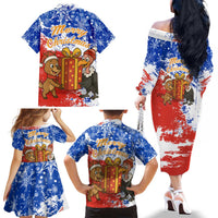 Chile Christmas Family Matching Off The Shoulder Long Sleeve Dress and Hawaiian Shirt with Flag Colors Tree Reindeer Condor and Gift Design - Wonder Print Shop