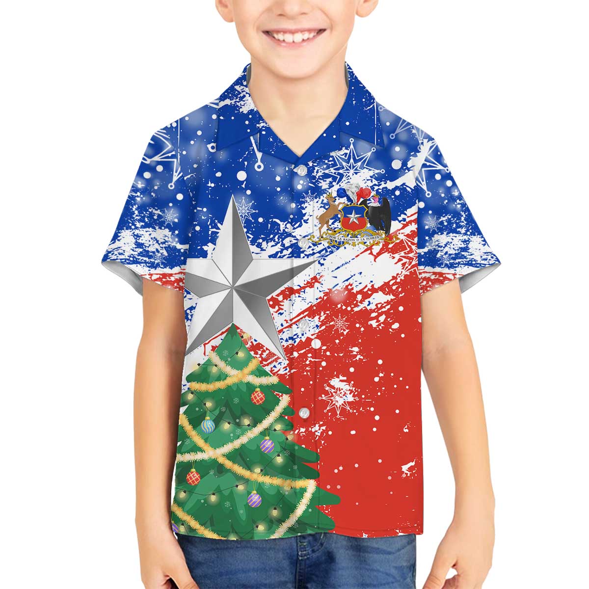 Chile Christmas Family Matching Off The Shoulder Long Sleeve Dress and Hawaiian Shirt with Flag Colors Tree Reindeer Condor and Gift Design - Wonder Print Shop
