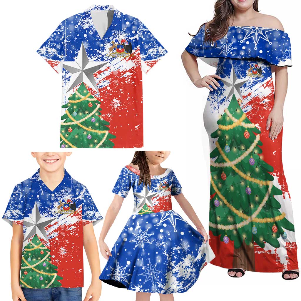 Chile Christmas Family Matching Off Shoulder Maxi Dress and Hawaiian Shirt with Flag Colors Tree Reindeer Condor and Gift Design - Wonder Print Shop