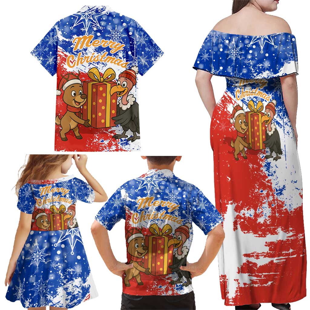 Chile Christmas Family Matching Off Shoulder Maxi Dress and Hawaiian Shirt with Flag Colors Tree Reindeer Condor and Gift Design - Wonder Print Shop