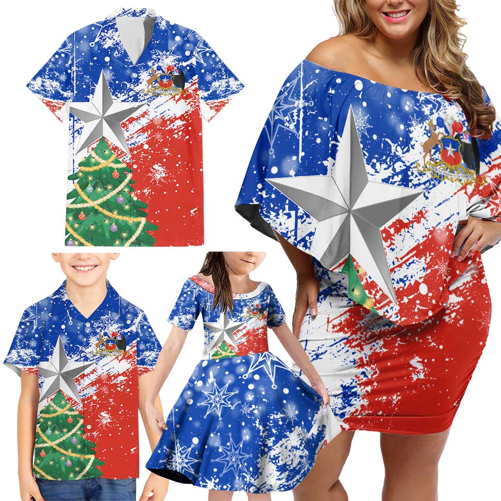 Chile Christmas Family Matching Off Shoulder Short Dress and Hawaiian Shirt with Flag Colors Tree Reindeer Condor and Gift Design - Wonder Print Shop