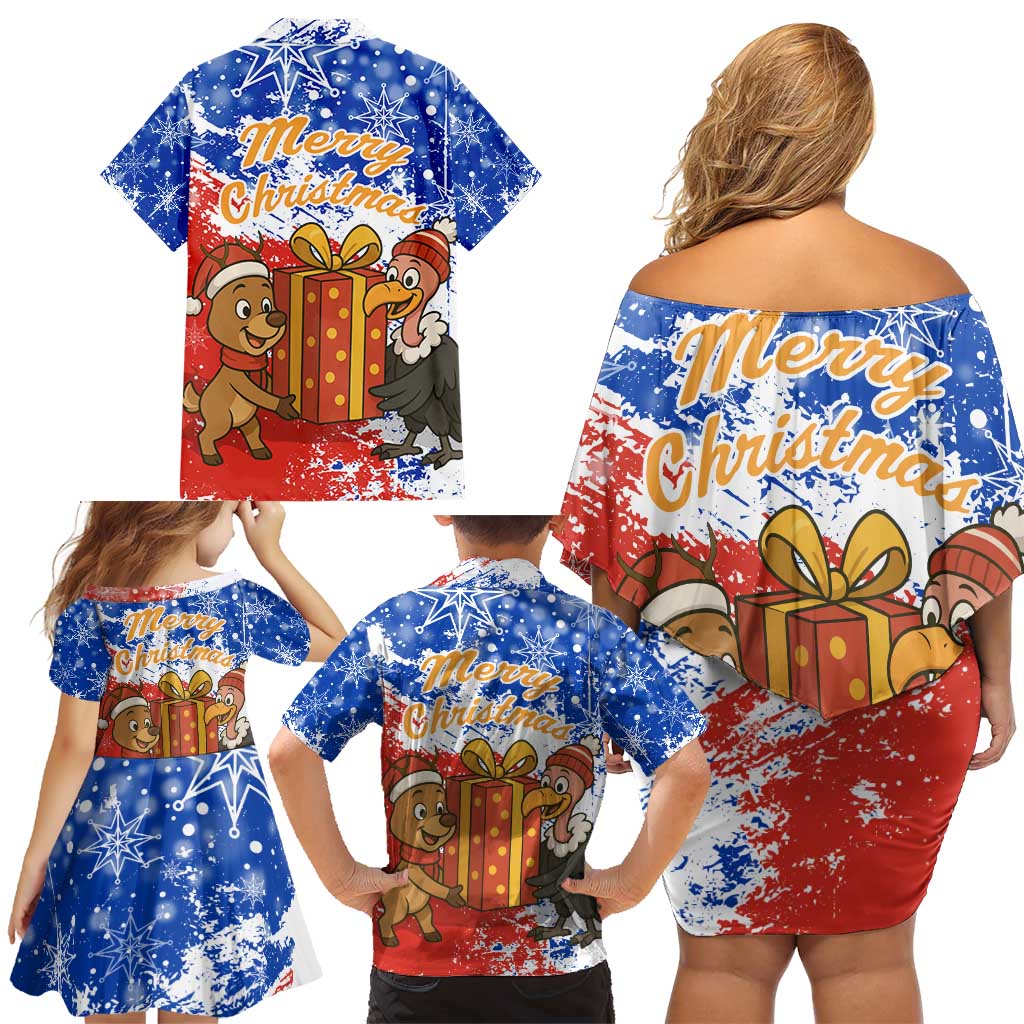 Chile Christmas Family Matching Off Shoulder Short Dress and Hawaiian Shirt with Flag Colors Tree Reindeer Condor and Gift Design - Wonder Print Shop