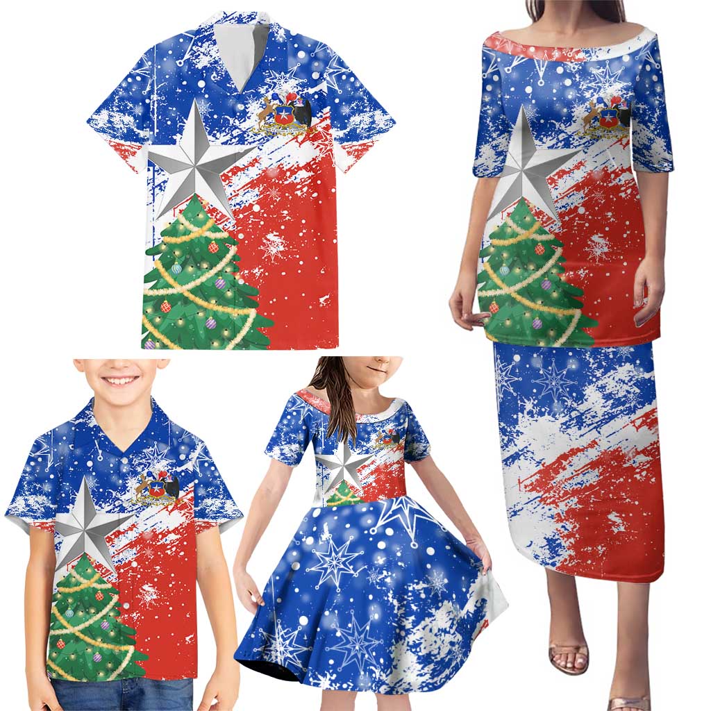 Chile Christmas Family Matching Puletasi and Hawaiian Shirt with Flag Colors Tree Reindeer Condor and Gift Design - Wonder Print Shop