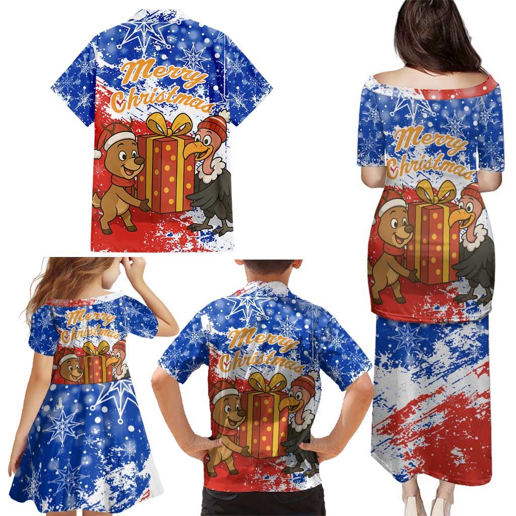 Chile Christmas Family Matching Puletasi and Hawaiian Shirt with Flag Colors Tree Reindeer Condor and Gift Design - Wonder Print Shop
