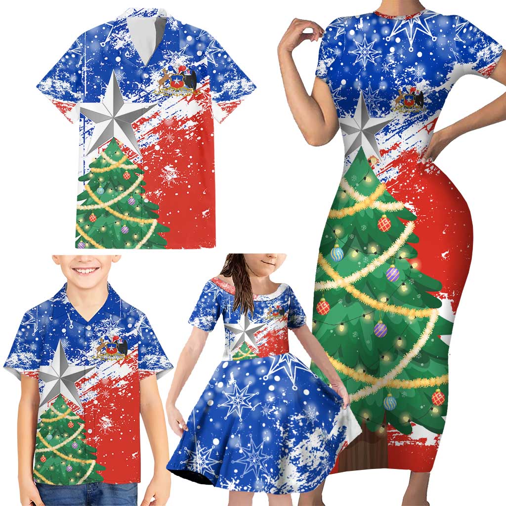 Chile Christmas Family Matching Short Sleeve Bodycon Dress and Hawaiian Shirt with Flag Colors Tree Reindeer Condor and Gift Design - Wonder Print Shop
