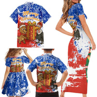 Chile Christmas Family Matching Short Sleeve Bodycon Dress and Hawaiian Shirt with Flag Colors Tree Reindeer Condor and Gift Design - Wonder Print Shop
