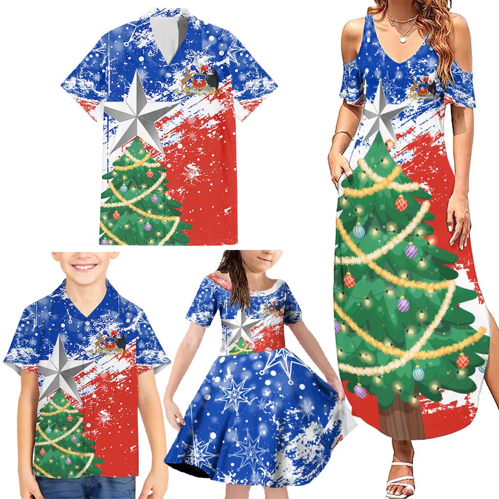 Chile Christmas Family Matching Summer Maxi Dress and Hawaiian Shirt with Flag Colors Tree Reindeer Condor and Gift Design - Wonder Print Shop