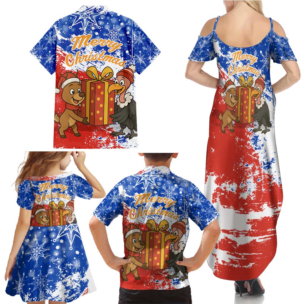 Chile Christmas Family Matching Summer Maxi Dress and Hawaiian Shirt with Flag Colors Tree Reindeer Condor and Gift Design - Wonder Print Shop