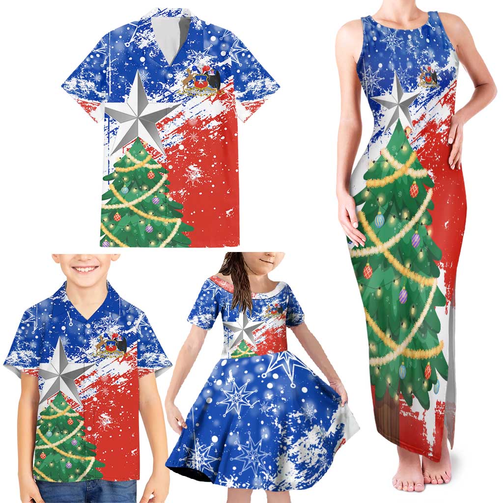 Chile Christmas Family Matching Tank Maxi Dress and Hawaiian Shirt with Flag Colors Tree Reindeer Condor and Gift Design - Wonder Print Shop