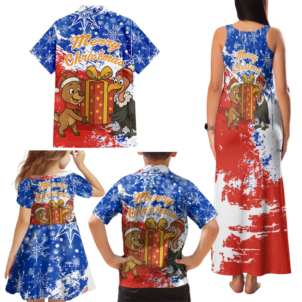 Chile Christmas Family Matching Tank Maxi Dress and Hawaiian Shirt with Flag Colors Tree Reindeer Condor and Gift Design - Wonder Print Shop