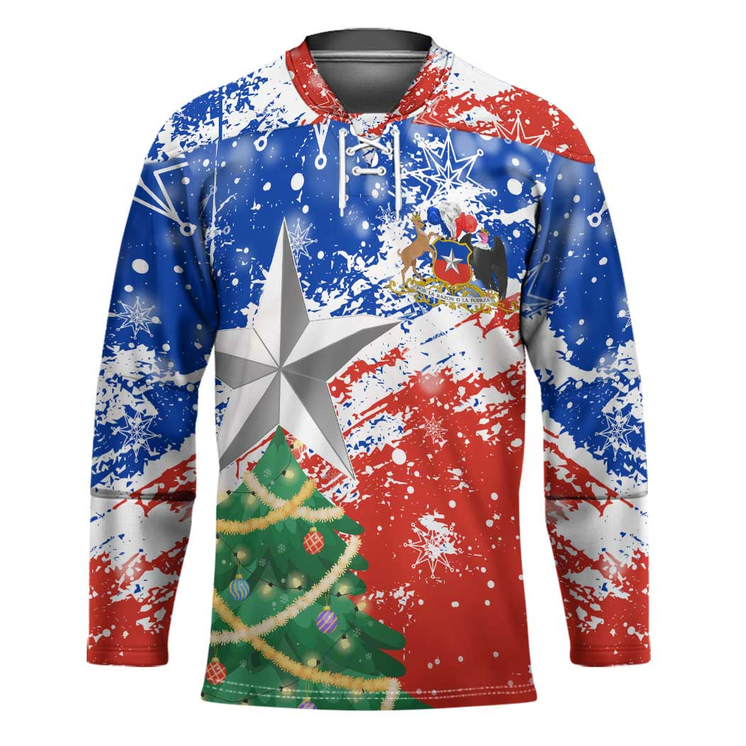 Chile Christmas Hockey Jersey with Flag Colors Tree Reindeer Condor and Gift Design - Wonder Print Shop