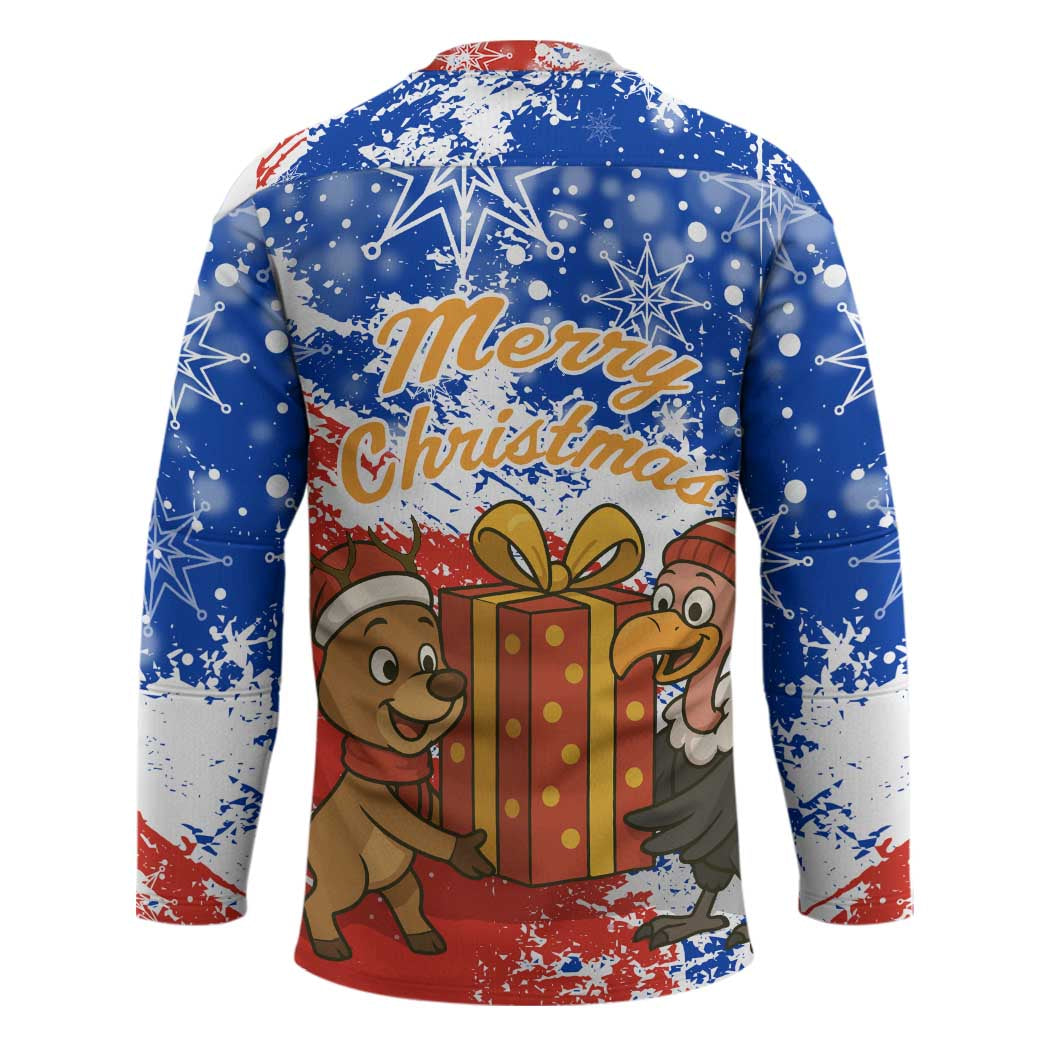 Chile Christmas Hockey Jersey with Flag Colors Tree Reindeer Condor and Gift Design - Wonder Print Shop
