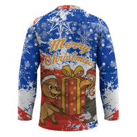 Chile Christmas Hockey Jersey with Flag Colors Tree Reindeer Condor and Gift Design - Wonder Print Shop