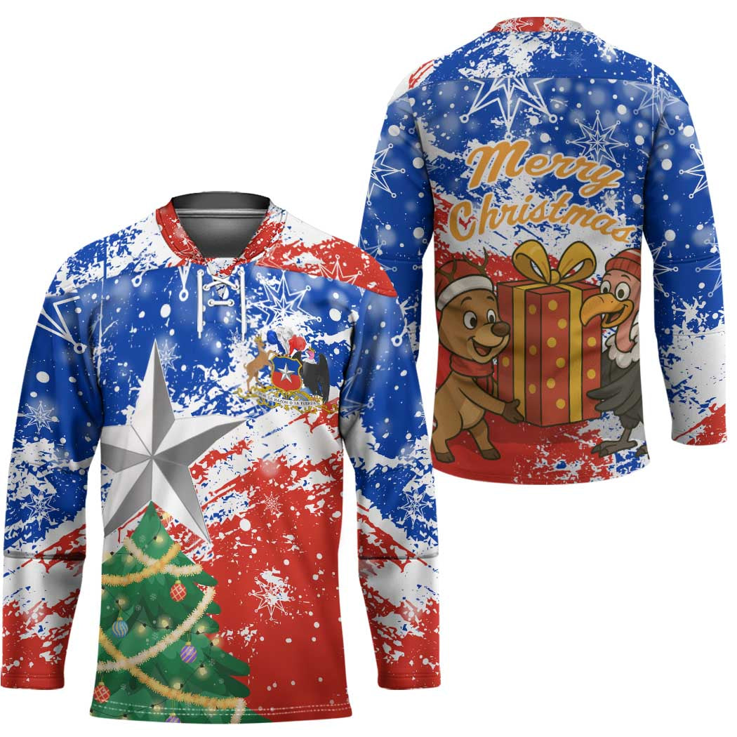 Chile Christmas Hockey Jersey with Flag Colors Tree Reindeer Condor and Gift Design - Wonder Print Shop