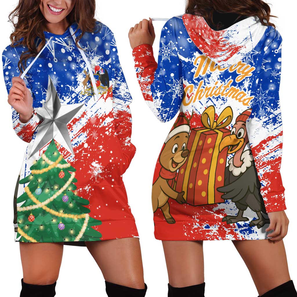 Chile Christmas Hoodie Dress with Flag Colors Tree Reindeer Condor and Gift Design - Wonder Print Shop