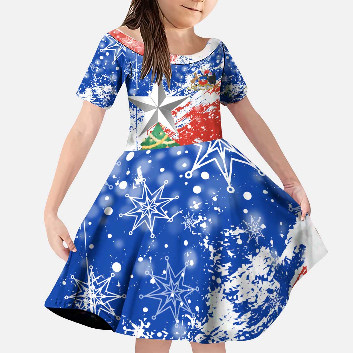 Chile Christmas Kid Short Sleeve Dress with Flag Colors Tree Reindeer Condor and Gift Design - Wonder Print Shop