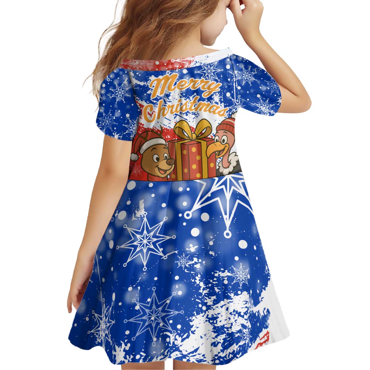Chile Christmas Kid Short Sleeve Dress with Flag Colors Tree Reindeer Condor and Gift Design - Wonder Print Shop
