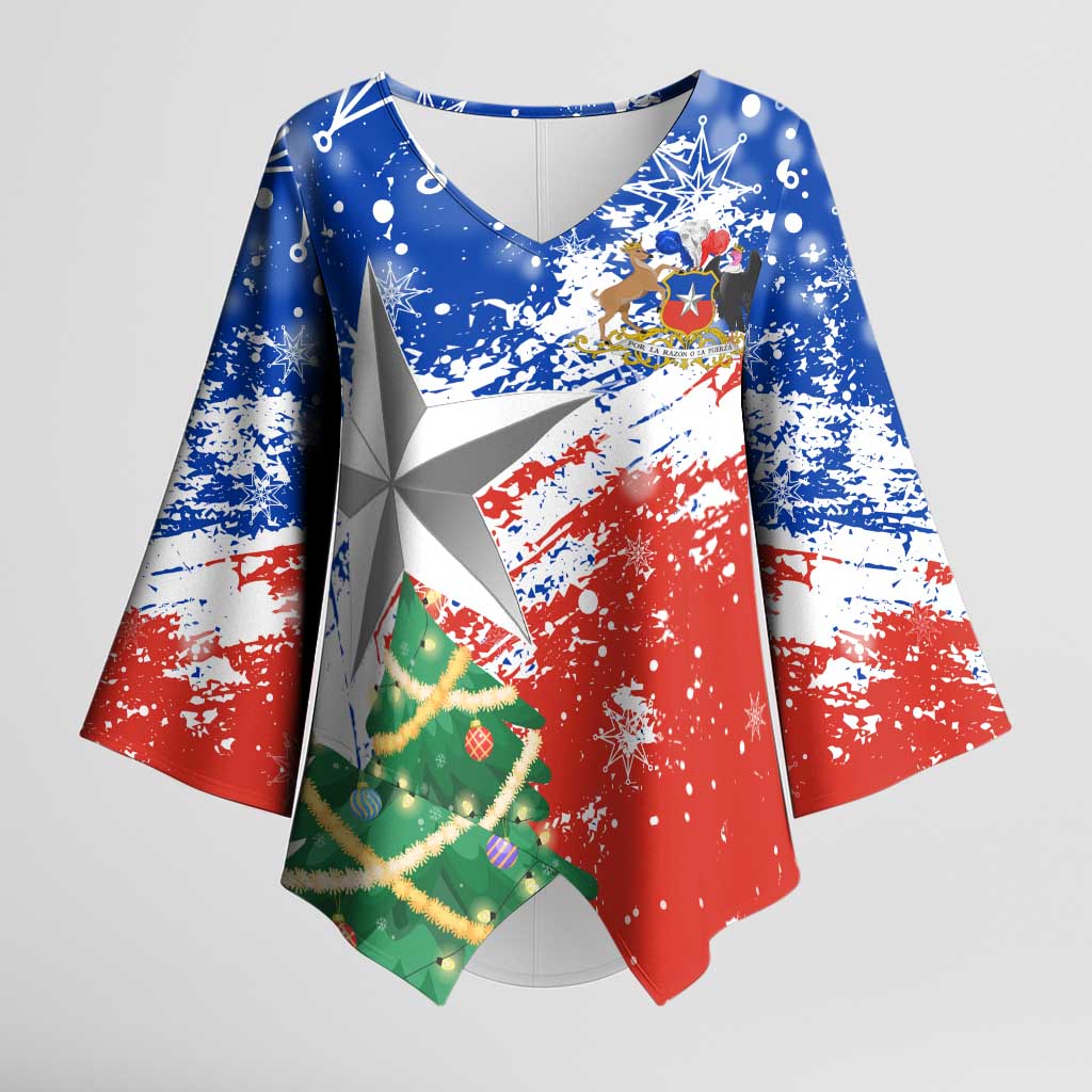 Chile Christmas Kimono Sleeve Blouse with Flag Colors Tree Reindeer Condor and Gift Design - Wonder Print Shop