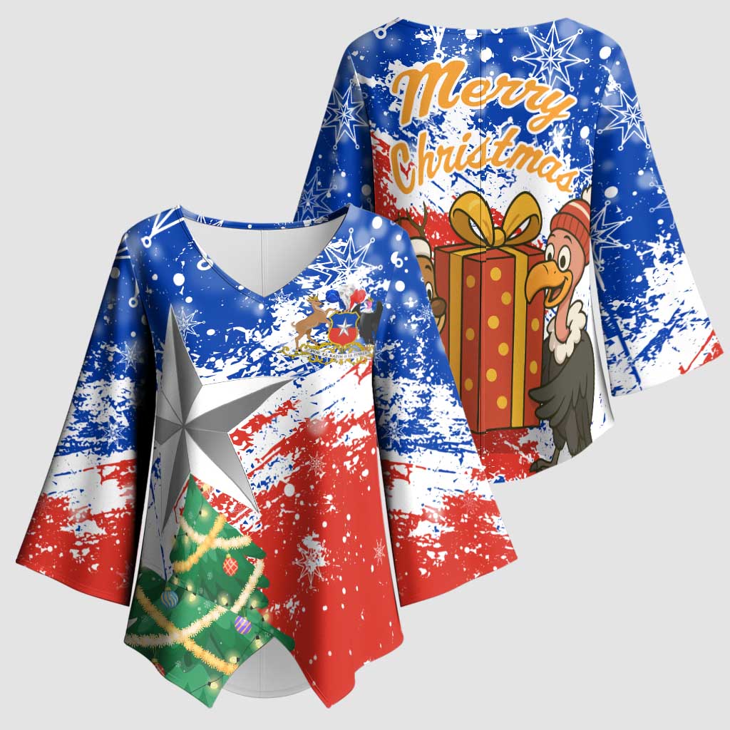 Chile Christmas Kimono Sleeve Blouse with Flag Colors Tree Reindeer Condor and Gift Design - Wonder Print Shop