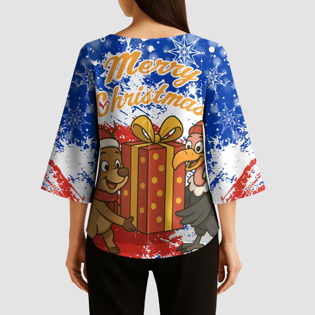 Chile Christmas Kimono Sleeve Blouse with Flag Colors Tree Reindeer Condor and Gift Design - Wonder Print Shop