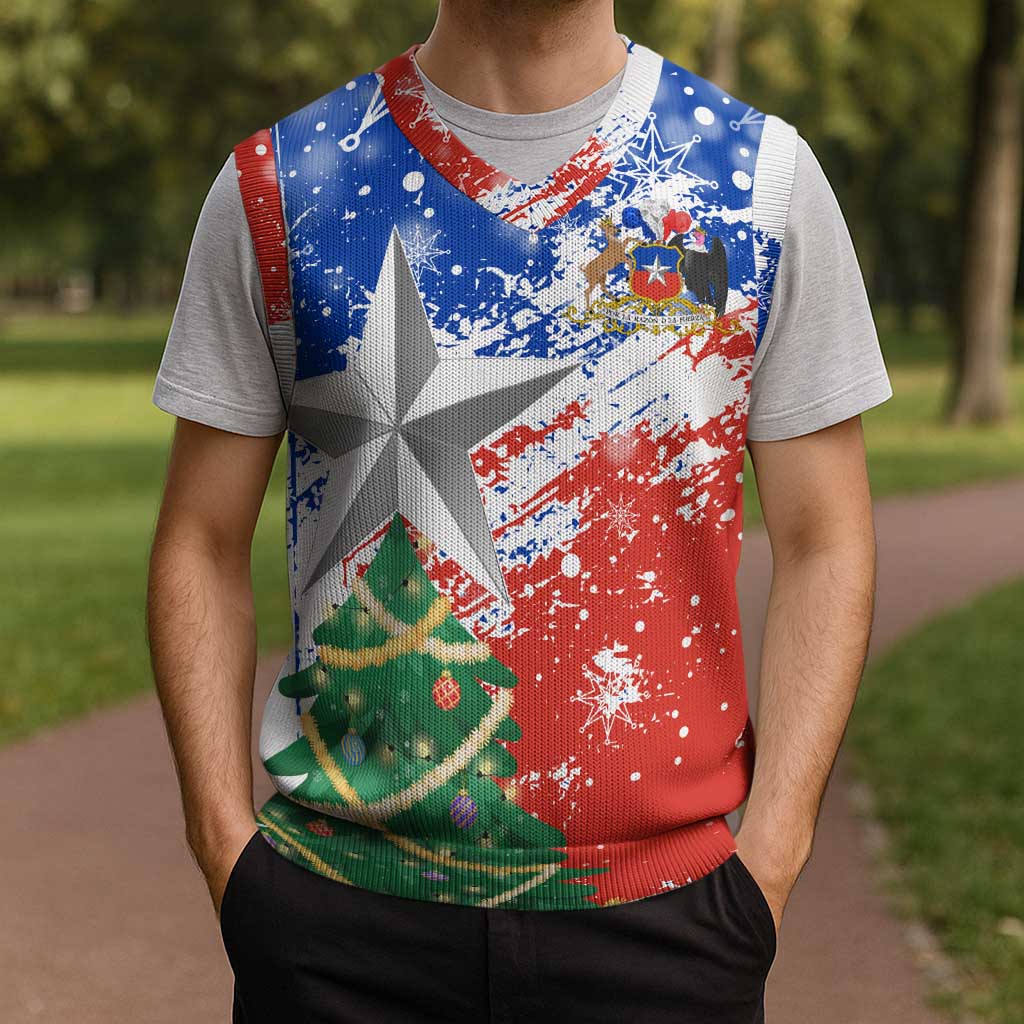 Chile Christmas Knitted V-Neck Vest with Flag Colors Tree Reindeer Condor and Gift Design - Wonder Print Shop