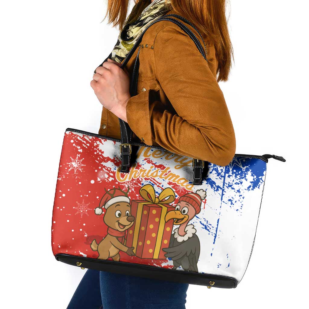 Chile Christmas Leather Tote Bag with Flag Colors Tree Reindeer Condor and Gift Design - Wonder Print Shop