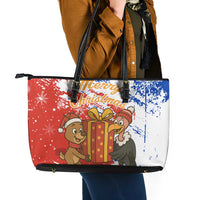 Chile Christmas Leather Tote Bag with Flag Colors Tree Reindeer Condor and Gift Design - Wonder Print Shop
