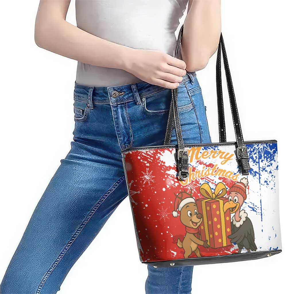 Chile Christmas Leather Tote Bag with Flag Colors Tree Reindeer Condor and Gift Design - Wonder Print Shop