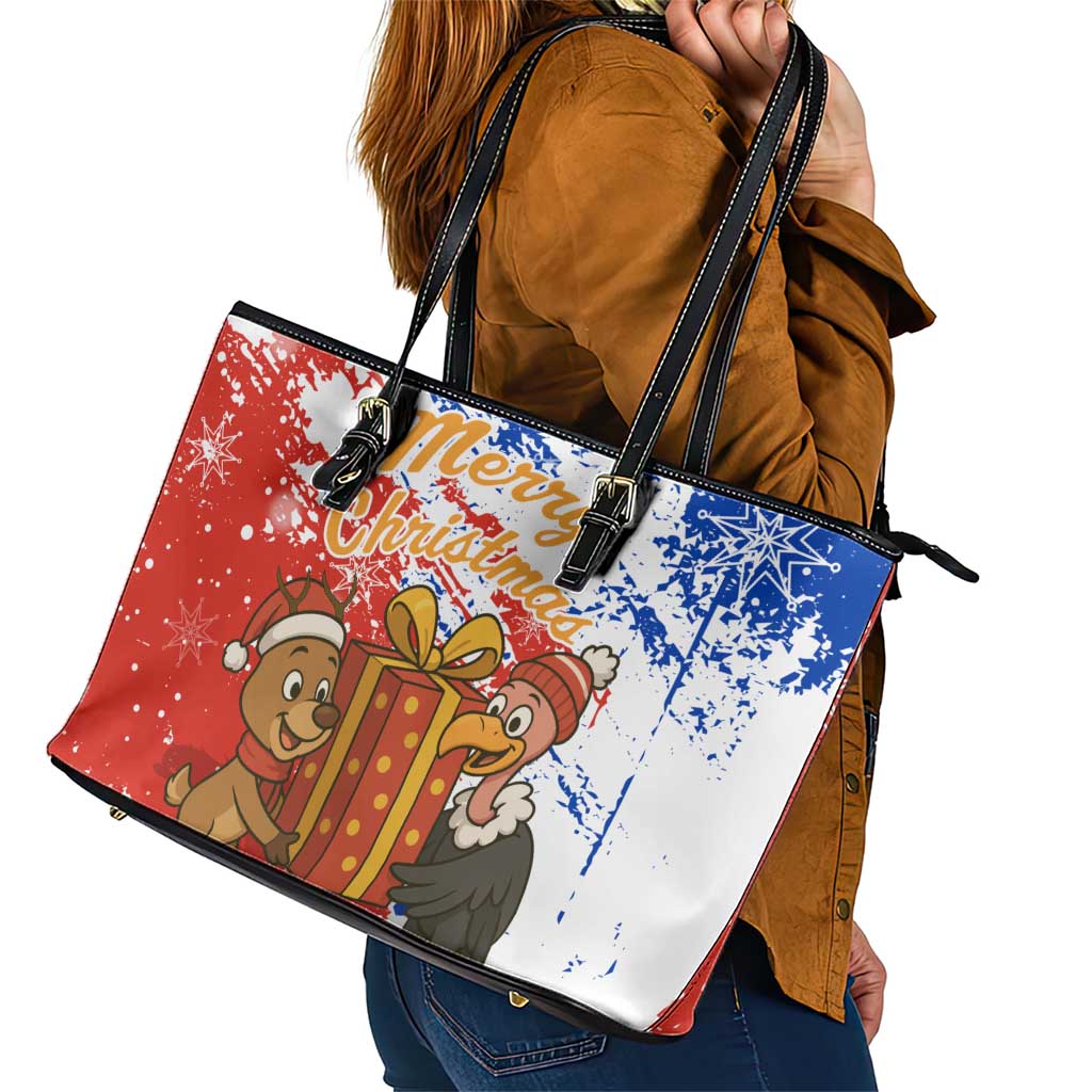 Chile Christmas Leather Tote Bag with Flag Colors Tree Reindeer Condor and Gift Design - Wonder Print Shop