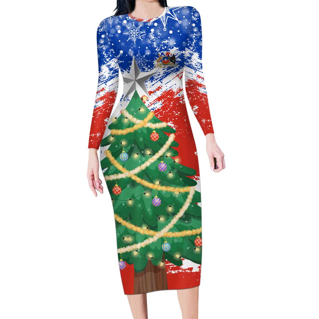 Chile Christmas Long Sleeve Bodycon Dress with Flag Colors Tree Reindeer Condor and Gift Design - Wonder Print Shop