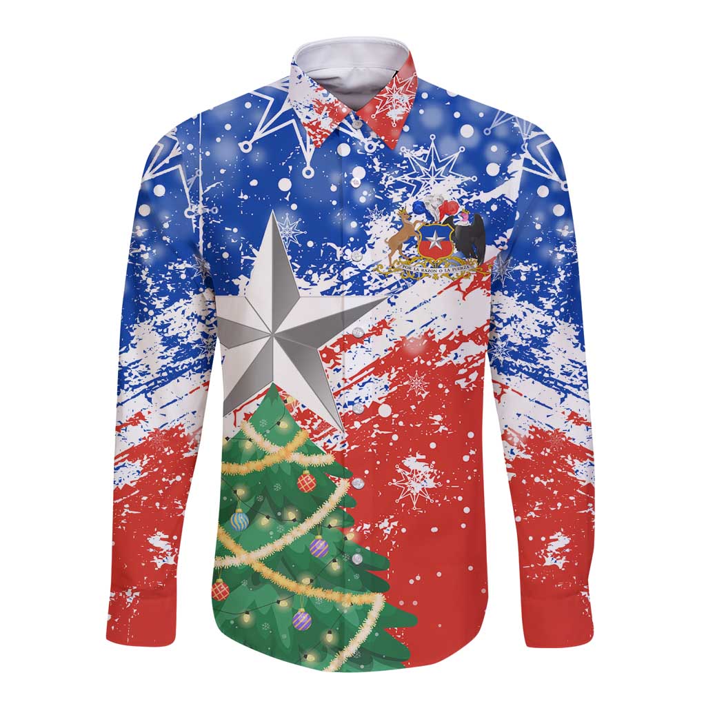 Chile Christmas Long Sleeve Button Shirt with Flag Colors Tree Reindeer Condor and Gift Design - Wonder Print Shop
