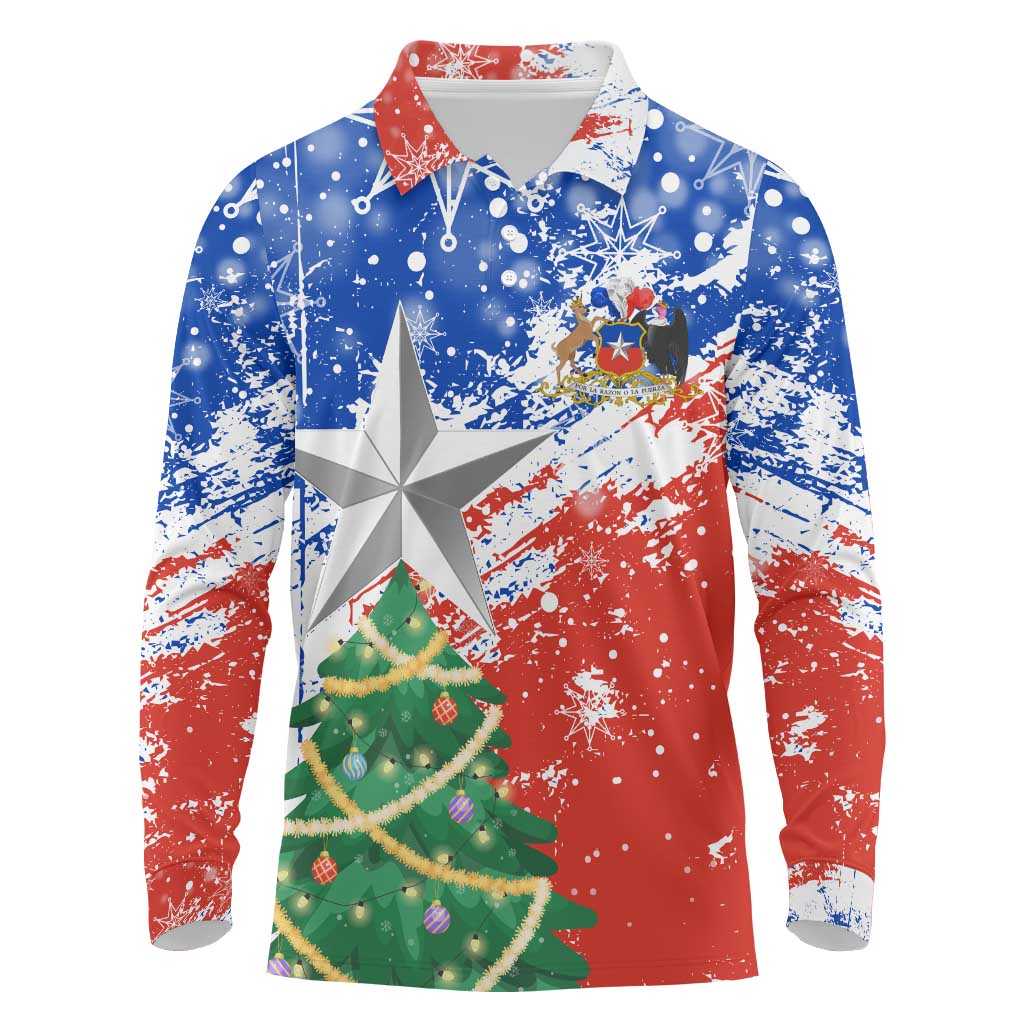 Chile Christmas Long Sleeve Polo Shirt with Flag Colors Tree Reindeer Condor and Gift Design - Wonder Print Shop