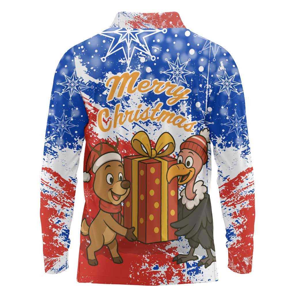 Chile Christmas Long Sleeve Polo Shirt with Flag Colors Tree Reindeer Condor and Gift Design - Wonder Print Shop