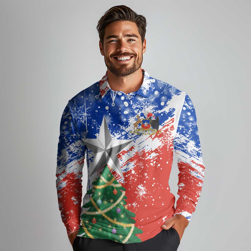Chile Christmas Long Sleeve Polo Shirt with Flag Colors Tree Reindeer Condor and Gift Design - Wonder Print Shop