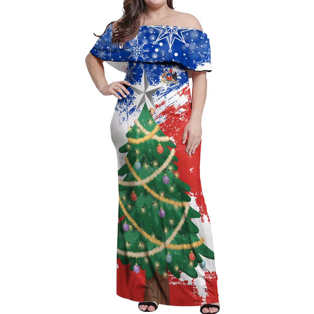 Chile Christmas Off Shoulder Maxi Dress with Flag Colors Tree Reindeer Condor and Gift Design - Wonder Print Shop