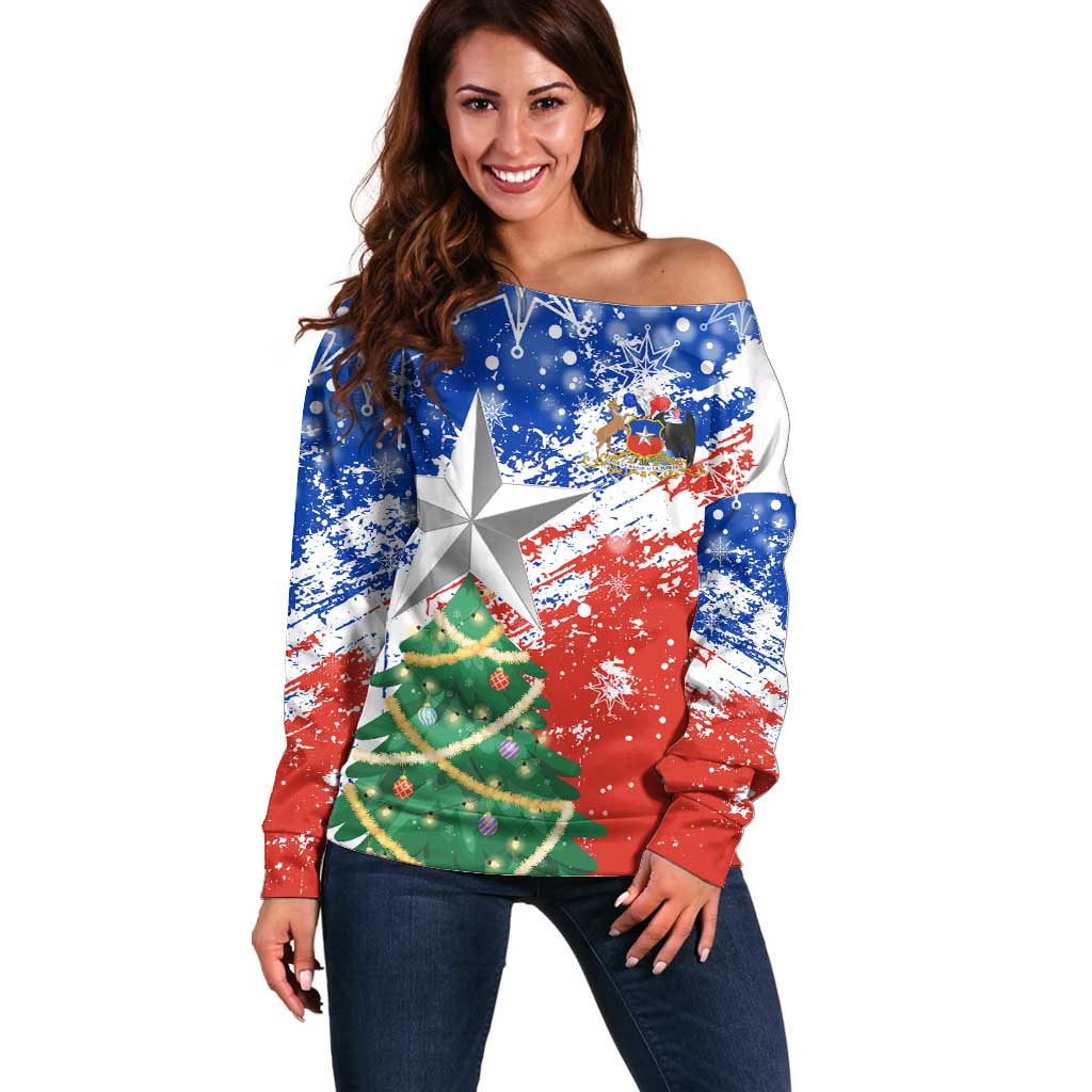Chile Christmas Off Shoulder Sweater with Flag Colors Tree Reindeer Condor and Gift Design - Wonder Print Shop
