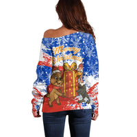 Chile Christmas Off Shoulder Sweater with Flag Colors Tree Reindeer Condor and Gift Design - Wonder Print Shop