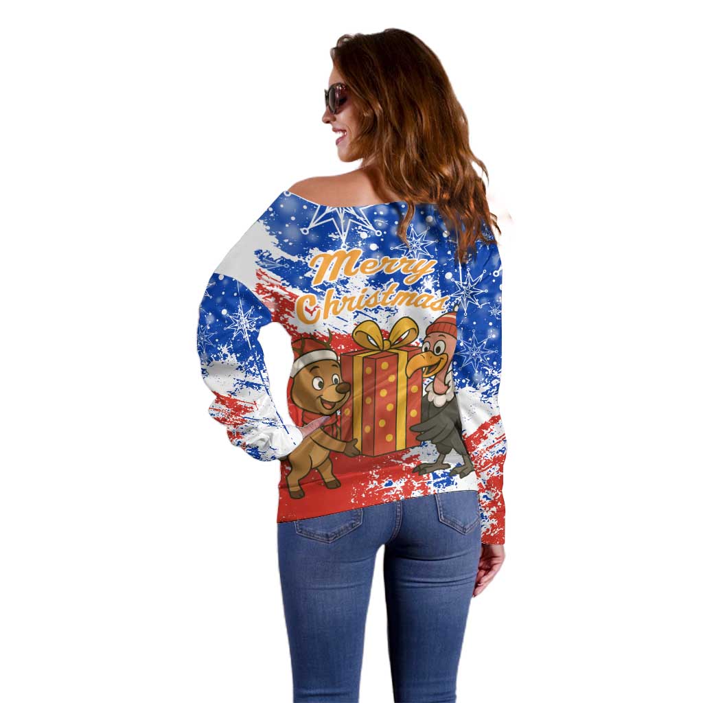 Chile Christmas Off Shoulder Sweater with Flag Colors Tree Reindeer Condor and Gift Design - Wonder Print Shop