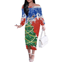 Chile Christmas Off The Shoulder Long Sleeve Dress with Flag Colors Tree Reindeer Condor and Gift Design - Wonder Print Shop