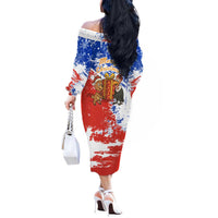 Chile Christmas Off The Shoulder Long Sleeve Dress with Flag Colors Tree Reindeer Condor and Gift Design - Wonder Print Shop