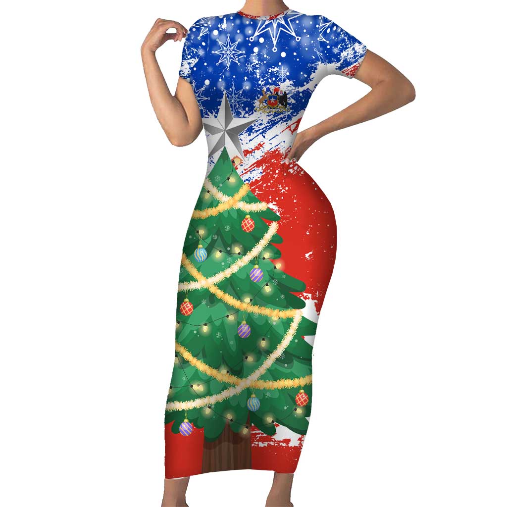 Chile Christmas Short Sleeve Bodycon Dress with Flag Colors Tree Reindeer Condor and Gift Design - Wonder Print Shop