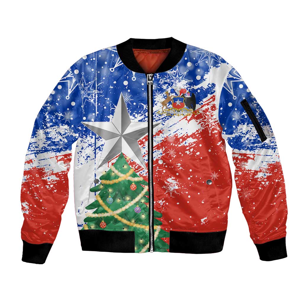 Chile Christmas Sleeve Zip Bomber Jacket with Flag Colors Tree Reindeer Condor and Gift Design - Wonder Print Shop