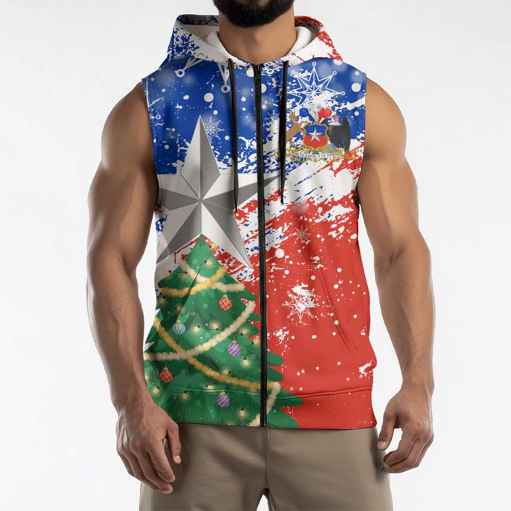 Chile Christmas Sleeveless Zip Hoodie with Flag Colors Tree Reindeer Condor and Gift Design - Wonder Print Shop
