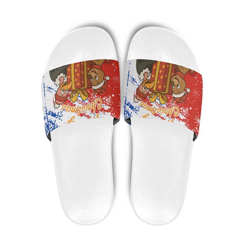 Chile Christmas Slide Sandals with Flag Colors Tree Reindeer Condor and Gift Design - Wonder Print Shop