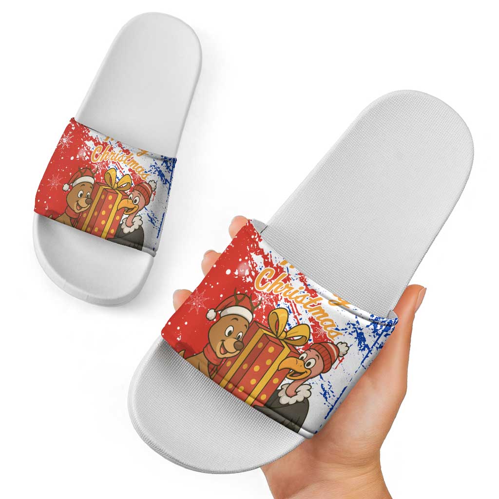 Chile Christmas Slide Sandals with Flag Colors Tree Reindeer Condor and Gift Design - Wonder Print Shop