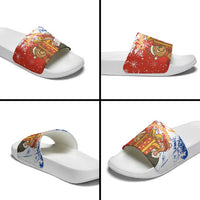 Chile Christmas Slide Sandals with Flag Colors Tree Reindeer Condor and Gift Design - Wonder Print Shop